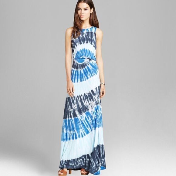 VINTAGE HAVANA STRAPLESS FLOWY TIE DYE FLOOR LENGTH MAXI DRESS OCEAN WAVES M-XL - Picture 1 of 9